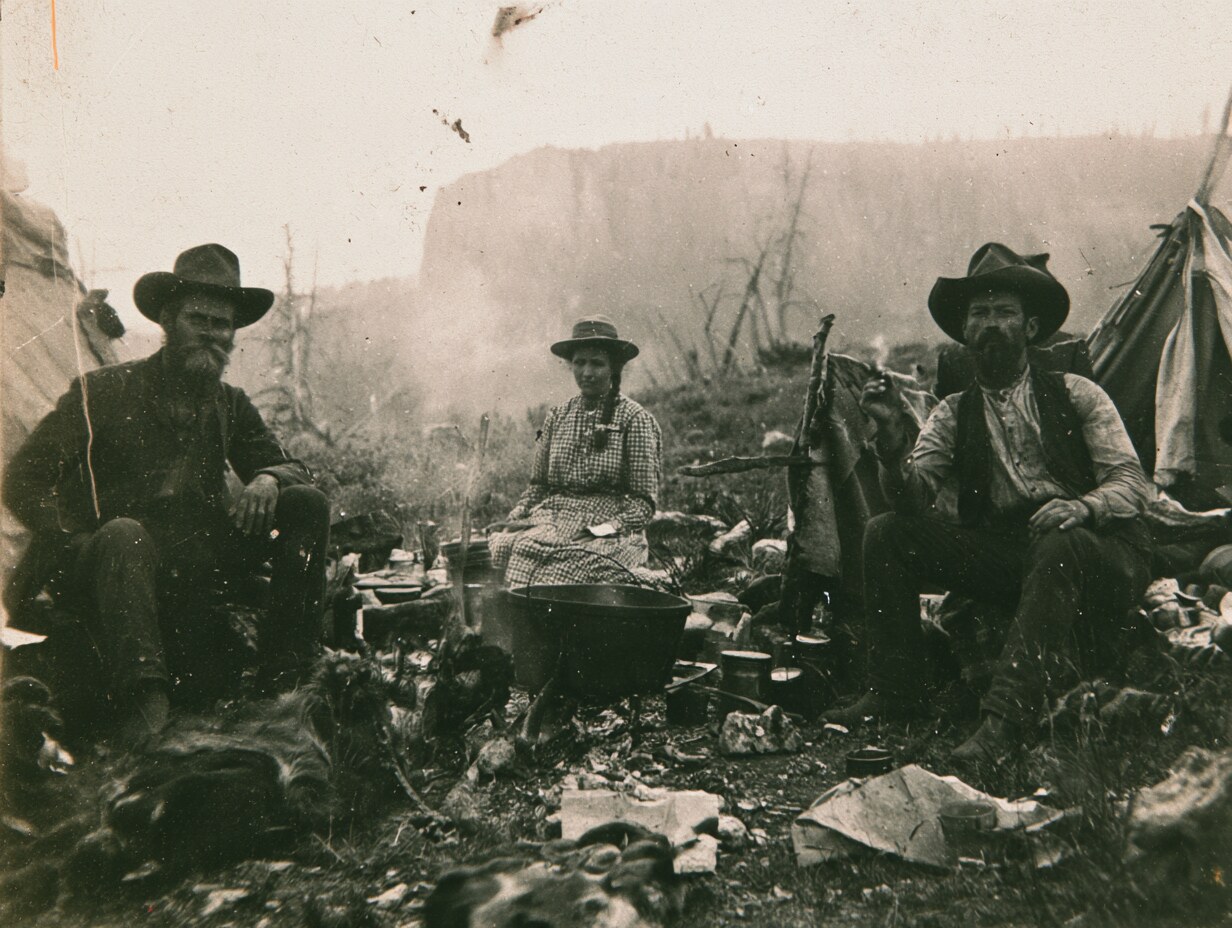Settlers preparing a meal over an open fire on the frontier